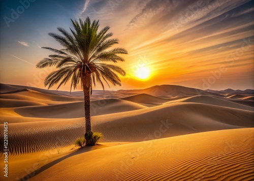 Wallpaper Mural Minimalist Arabian Emirates Desert Landscape: Sunrise Dunes, Palm Tree Silhouette Torontodigital.ca