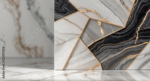 Abstract Geometric Marble Tile Design with Gold Accents. photo