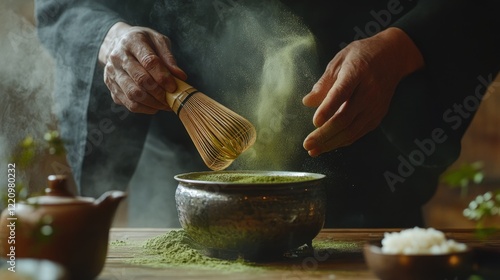 Traditional matcha preparation: close-up of hands whisking green tea powder in a rustic setting