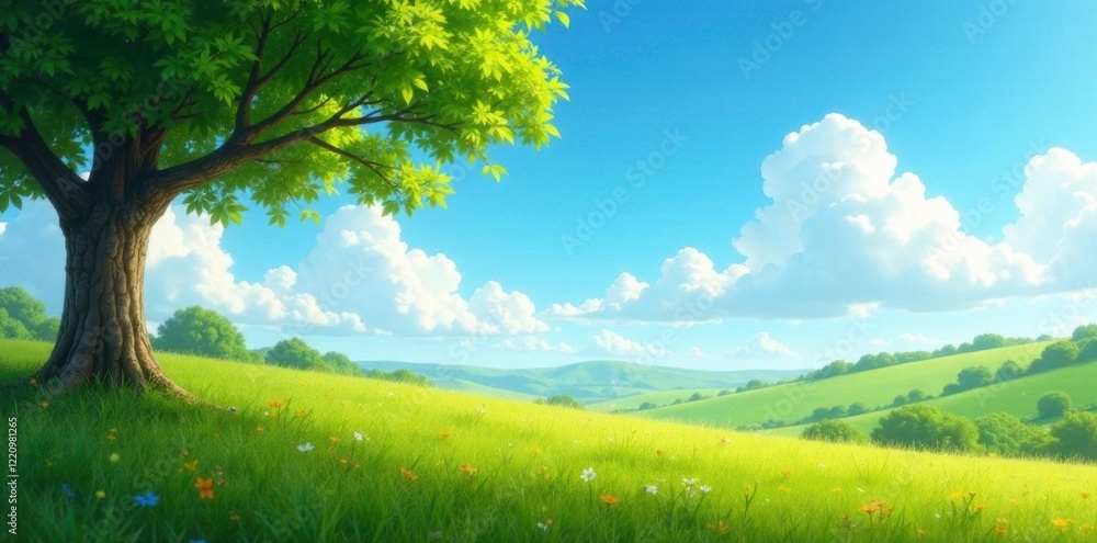Fototapeta premium Gentle breeze rustling through the landscape as clouds drift lazily in the clear blue sky, breeze, leaves, landscape