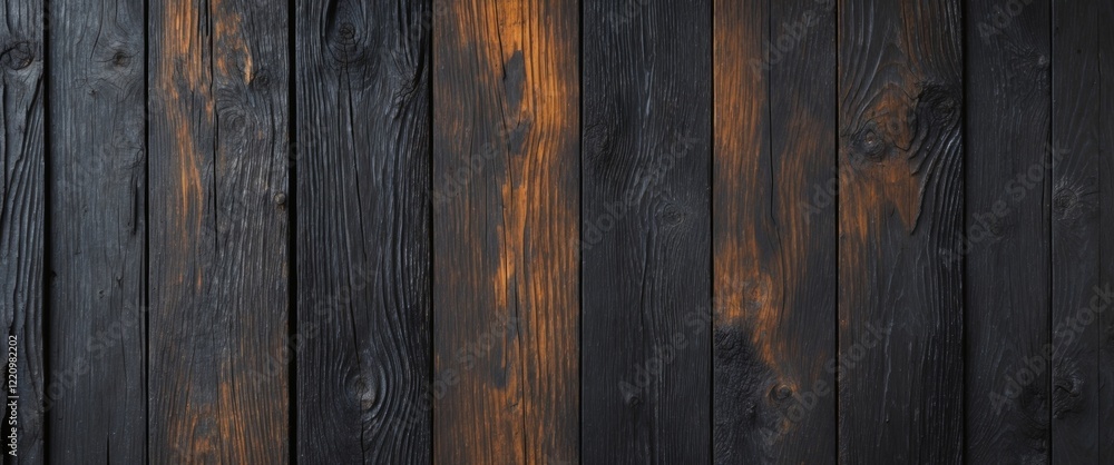 Naklejka premium Charred and Weathered Dark Wooden Planks Background Texture