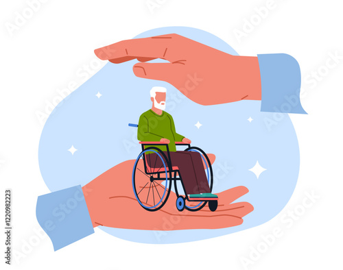 Concept protection of elderly people with disabilities. Hand huge hold on palm old man on wheelchair. Help and care handicapped people. Paralyzed person vector cartoon flat isolated illustration