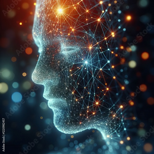 Close-up view of a stylized digital rendering of a human face, seemingly constructed from a network of interconnected glowing lines and nodes.
 photo