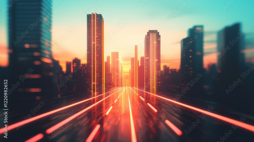 Fototapeta premium Futuristic cityscape with glowing neon lights at sunset