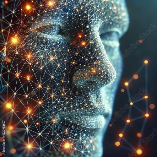 Close-up view of a stylized digital rendering of a human face, seemingly constructed from a network of interconnected glowing lines and nodes.
 photo