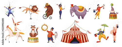 Cartoon circus animals and artists. Funny chapiteau characters, tent show, entertainment performance, trainers and acrobats, funny clown, animals show, tidy vector set