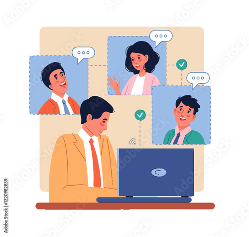 Businessman holding online conference. Virtual chat or videocall. Business meeting working team, education webinar. Colleague communication. Cartoon flat style isolated vector concept