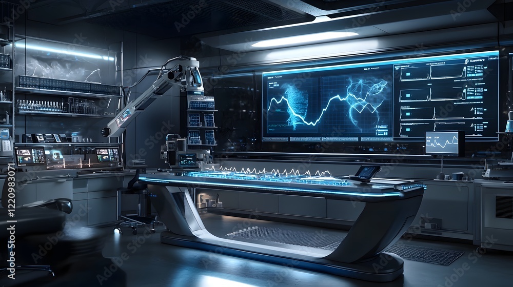 Futuristic Medical Technology with Holographic Health Data Display in Advanced Lab Setting Futuristic Medical Technology with Holographic Health Data Display in Advanced Lab Setting