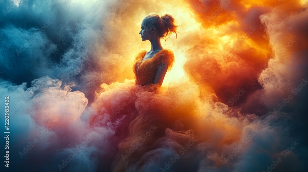 Obraz premium Silhouette of a woman amidst ethereal clouds