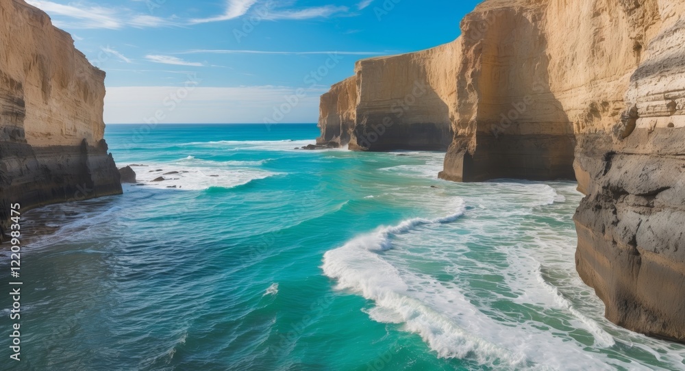 Obraz premium Coastal cliffs meet vibrant turquoise waters in this scenic seascape view.