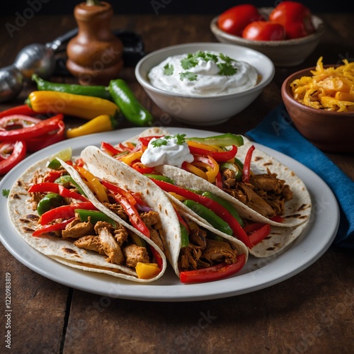 tacos with meat and vegetables Kochen: mexikanische Tacos  Tasty Beef Taco: Tomato and Cilantro Delight Flat lay composition of pork carnitas tacos
 photo