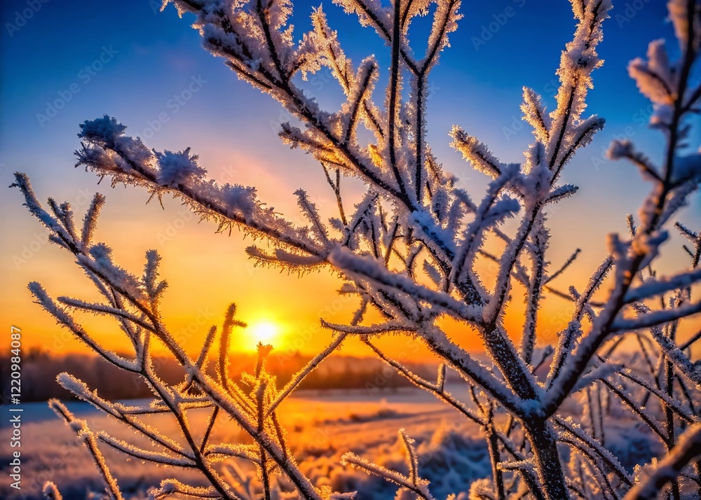 Obraz premium Silhouetted Frost-Covered Branches at Sunrise - Winter Wonderland Stock Photo