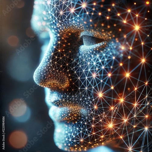 Close-up view of a stylized digital rendering of a human face, seemingly constructed from a network of interconnected glowing lines and nodes.
 photo