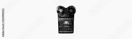 audio recording magnetic tape reel isolated on white background retro pop art halftone grunge dotted effect vintage music movie video technology collage element for mixed media design