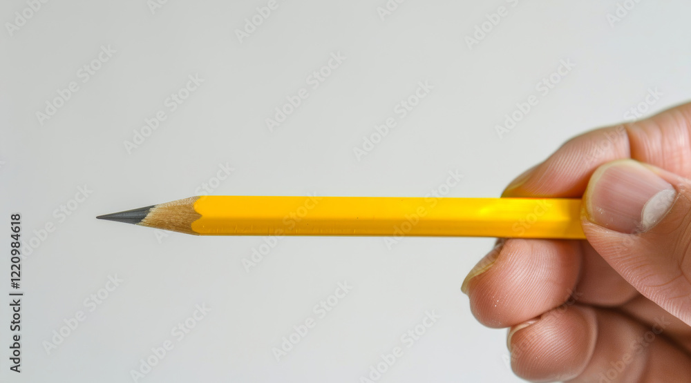 A yellow wooden pencil with a sharp tip is held in a hand, highlighting its functionality against and isolated on a plain white background. A yellow wooden pencil with a sharp tip is held in a hand, highlighting its functionality against and isolated on a plain white background.