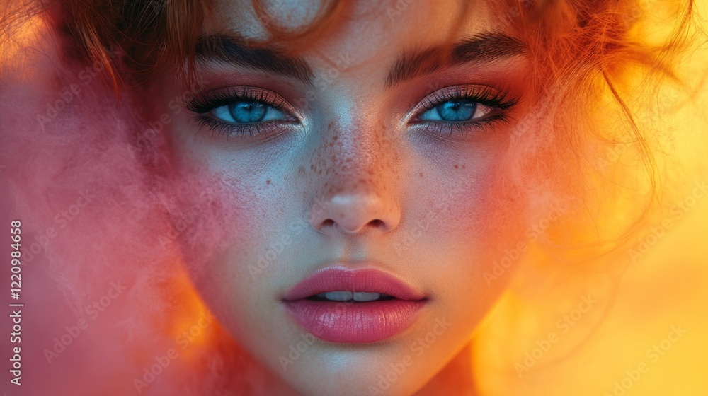 Obraz premium Portrait of a woman with vibrant makeup and dramatic light