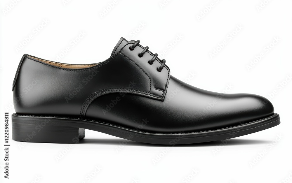 A black leather shoe with a sleek cap toe, crafted for sophistication and ideal for professional settings on a plain white background. A black leather shoe with a sleek cap toe, crafted for sophistication and ideal for professional settings on a plain white background.