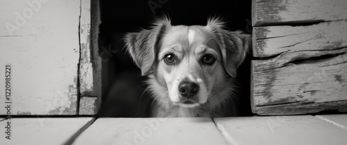 Curious Dog Observing from a Cozy Nook Underneath Wood. photo