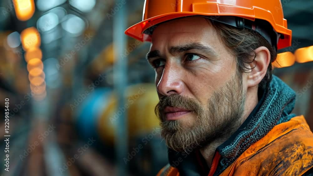 Bearded Construction Worker in Hard Hat with Intense Blue Eyes in Industrial Setting – Ideal for Safety Campaigns or Labor-Related Content in Warm Tones Bearded Construction Worker in Hard Hat with Intense Blue Eyes in Industrial Setting – Ideal for Safety Campaigns or Labor-Related Content in Warm Tones