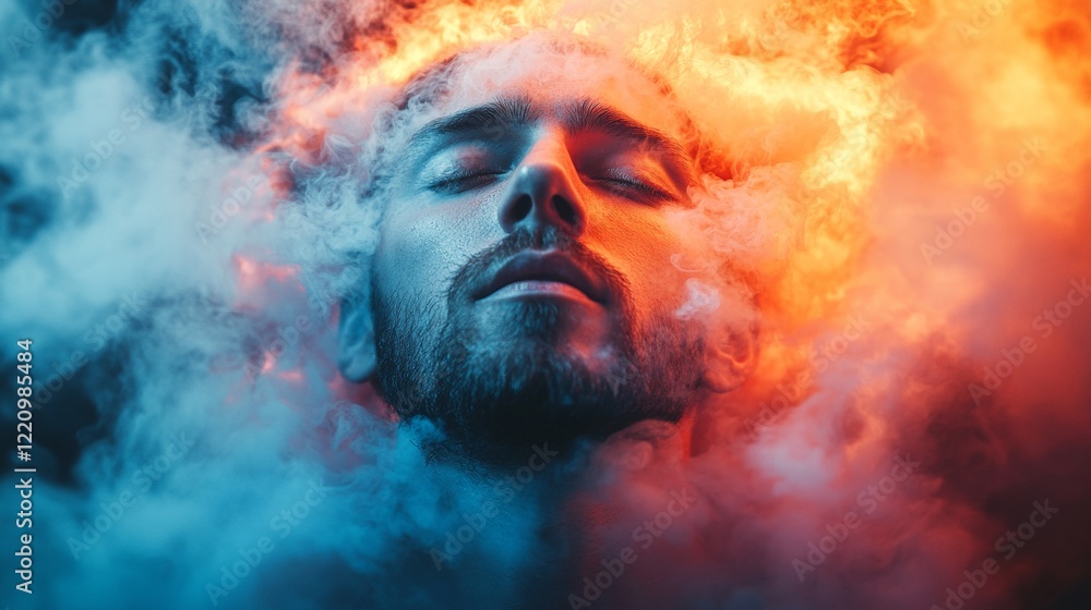 Man immersed in fiery smoke with serene expression Man immersed in fiery smoke with serene expression