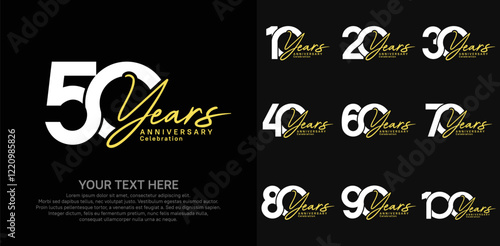 Anniversary logo set vector design, white and yellow color for celebration event