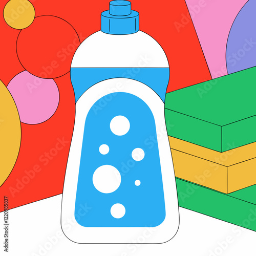 Dishwashing liquid and colorful sponges in pop art style