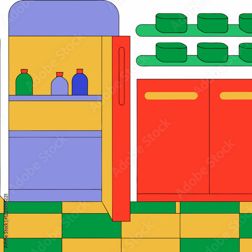 Colorful kitchen with fridge and cabinets in abstract style