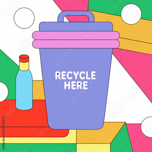 Purple recycle bin with colorful background in pop art style