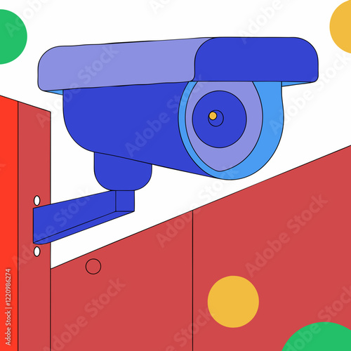 Colorful security camera on red wall in modern pop art style