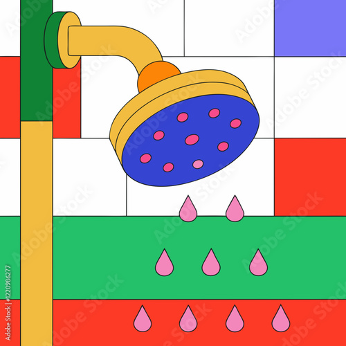 Colorful showerhead with pink water drops in pop art style