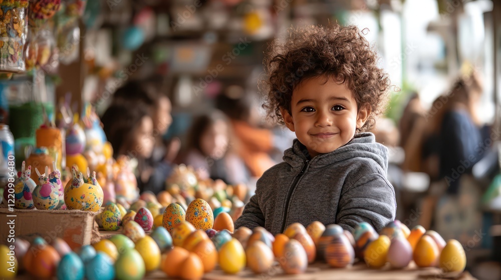 Fototapeta premium A bustling Easter craft booth with families painting eggs, making bunny masks, and creating decorations
