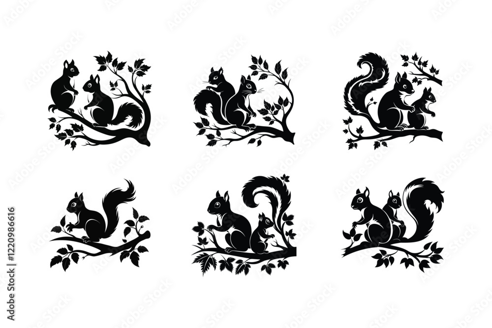 Black Silhouettes of Squirrels on a White Background Black Silhouettes of Squirrels on a White Background