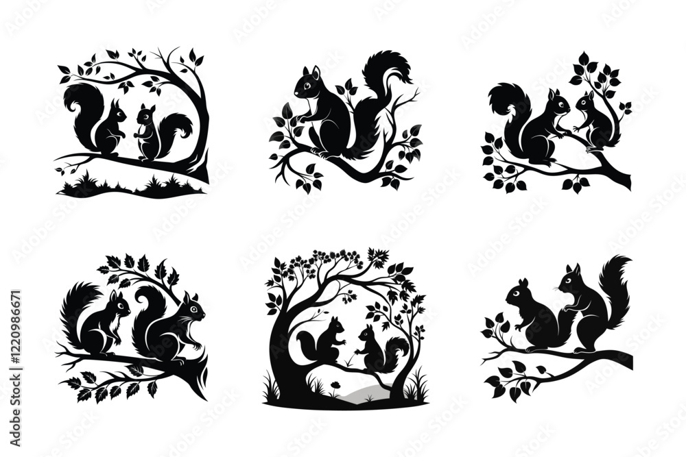 Black Silhouettes of Squirrels on a White Background Black Silhouettes of Squirrels on a White Background
