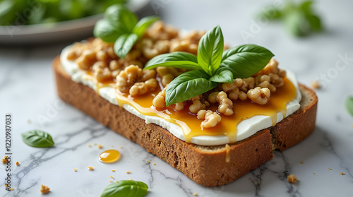 A fully framed healthy sandwich on flaxseed bread with goat cheese, walnuts, honey, and fresh basil leaves. 
