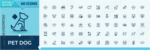 Pet Dog line icons set. Containing toy, Dogi, men, rabbit, leash, animal, art and more. Isolated icons design. Vector illustration in modern line style.