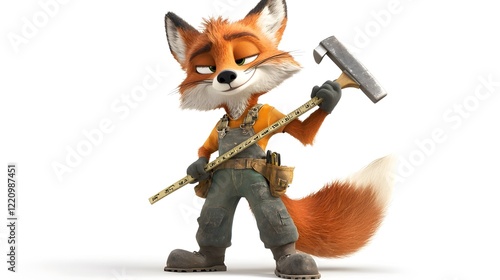 Playful Cartoon Fox Construction Worker Holding Hammer and Tape Measure