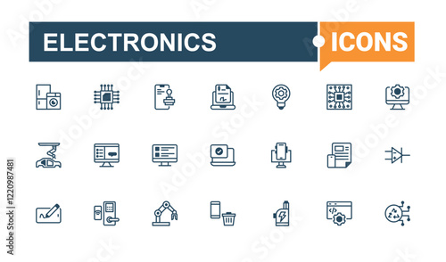 Electronics lined icons set. Contains such icons as devices, tick, electronic, equipment, tv, drive, camera and more. Flat UI icon design. Solid line editable stroke. Vector line and solid icons.