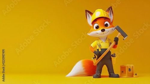 Playful Fox Construction Worker Holding a Hammer and Measuring Tape on a Yellow Background
