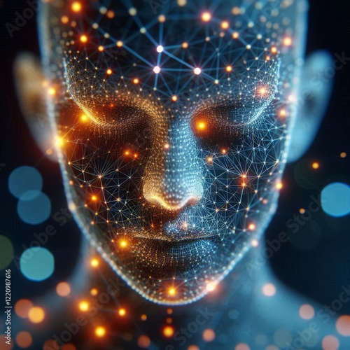 Close-up view of a stylized digital rendering of a human face, seemingly constructed from a network of interconnected glowing lines and nodes.
 photo