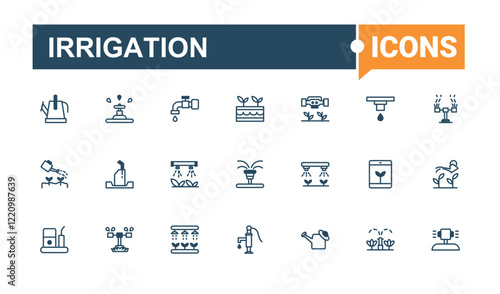 Irrigation icons set in linear style. Contains related to drop, farm, sprinkle, nature, system, fertilizer, water, agricultural. Minimalistic icon. Vector line and solid icons.
