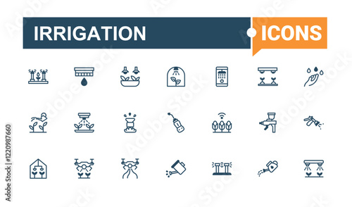 Irrigation icons set in linear style. Contains related to drop, farm, sprinkle, nature, system, fertilizer, water, agricultural. Minimalistic icon. Vector line and solid icons.