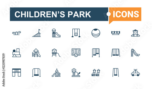 Children’s Park Set of icons. Related to kid, playground, climb, park, pool, play and more. Minimal linear icons. Solid line editable stroke. Vector line and solid icons.