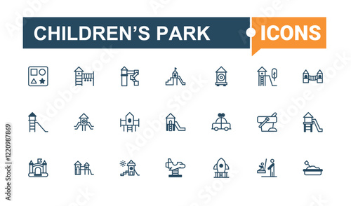 Children’s Park Set of icons. Related to kid, playground, climb, park, pool, play and more. Minimal linear icons. Solid line editable stroke. Vector line and solid icons.