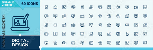 Digital Design linear icon collection. Includes thin line painting, artwork, website, idea, pen, ui, computer and more. Thin linear style icons. Solid line editable stroke.