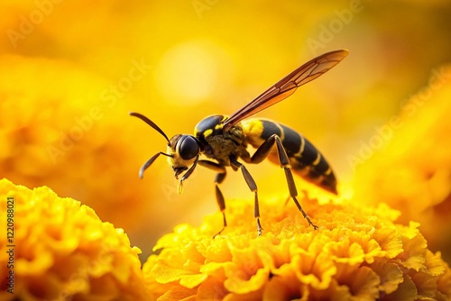 Silhouette of Caucasian Flower Wasp on Yellow Tagetes Inflorescence - Macro Photography photo