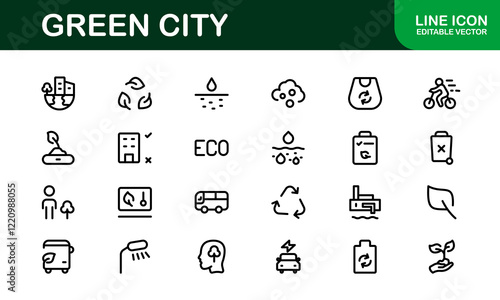 Eco Green City Icon Set. Minimalist Line Icons for Sustainability, Smart Cities, and Environmental Conservation Projects