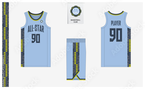 Basketball uniform mockup template design for sport club. Basketball jersey, basketball shorts in front and back view. Basketball logo design. 