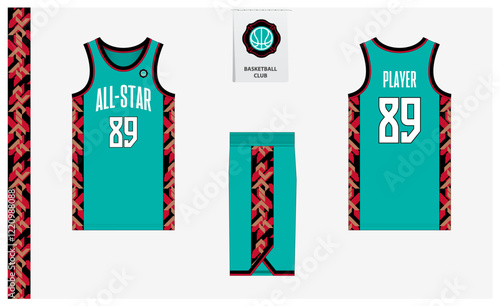Basketball uniform mockup template design for sport club. Basketball jersey, basketball shorts in front and back view. Basketball logo design. 
