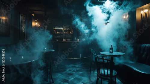 Mysterious Bar Interior with Teal Smoke and Dim Lighting