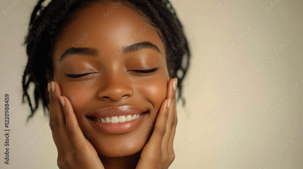 A close-up photo of a smiling woman with closed eyes, touching her cheeks with her hands, studio photoshoot, smooth detailed skin texture. A close-up photo of a smiling woman with closed eyes, touching her cheeks with her hands, studio photoshoot, smooth detailed skin texture.